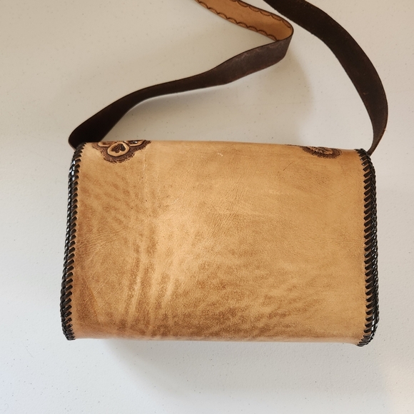 Vintage 1970s Ostrich Tooled Floral Leather Shoulder Bag Purse Boho Festival 70s - Picture 3 of 10